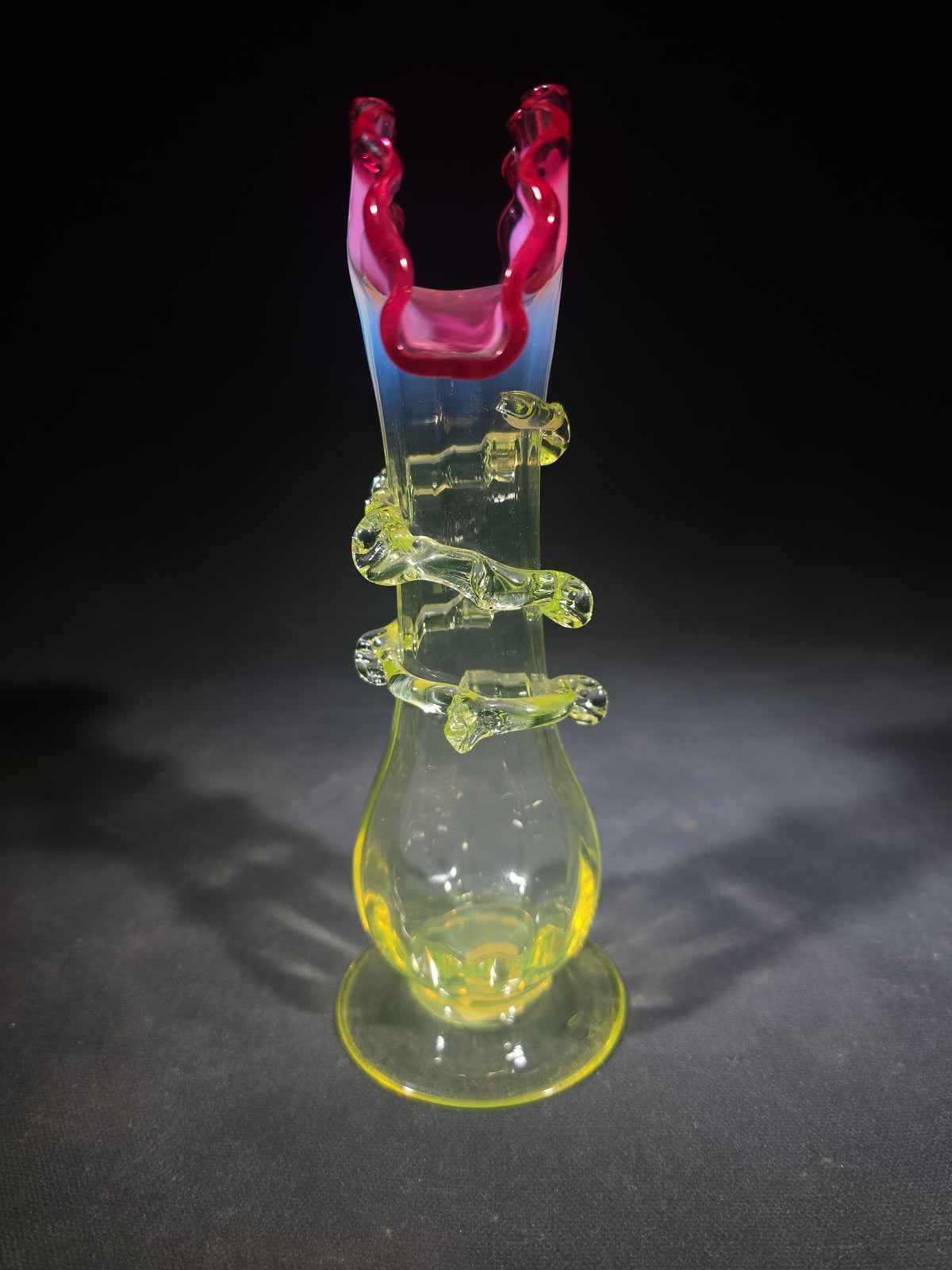 Vintage Rubina Verde Uranium Glass Bud Vase with Ruffled Rim and Applied Rigaree, UV Reactive