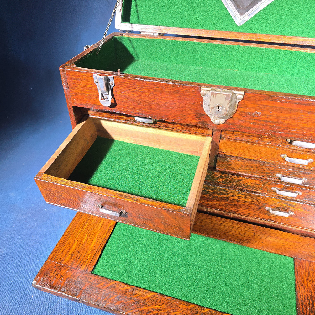 Antique Oak Machinist's Tool Chest, Manufactured by Union Steel Chest Corporation, LeRoy, New York