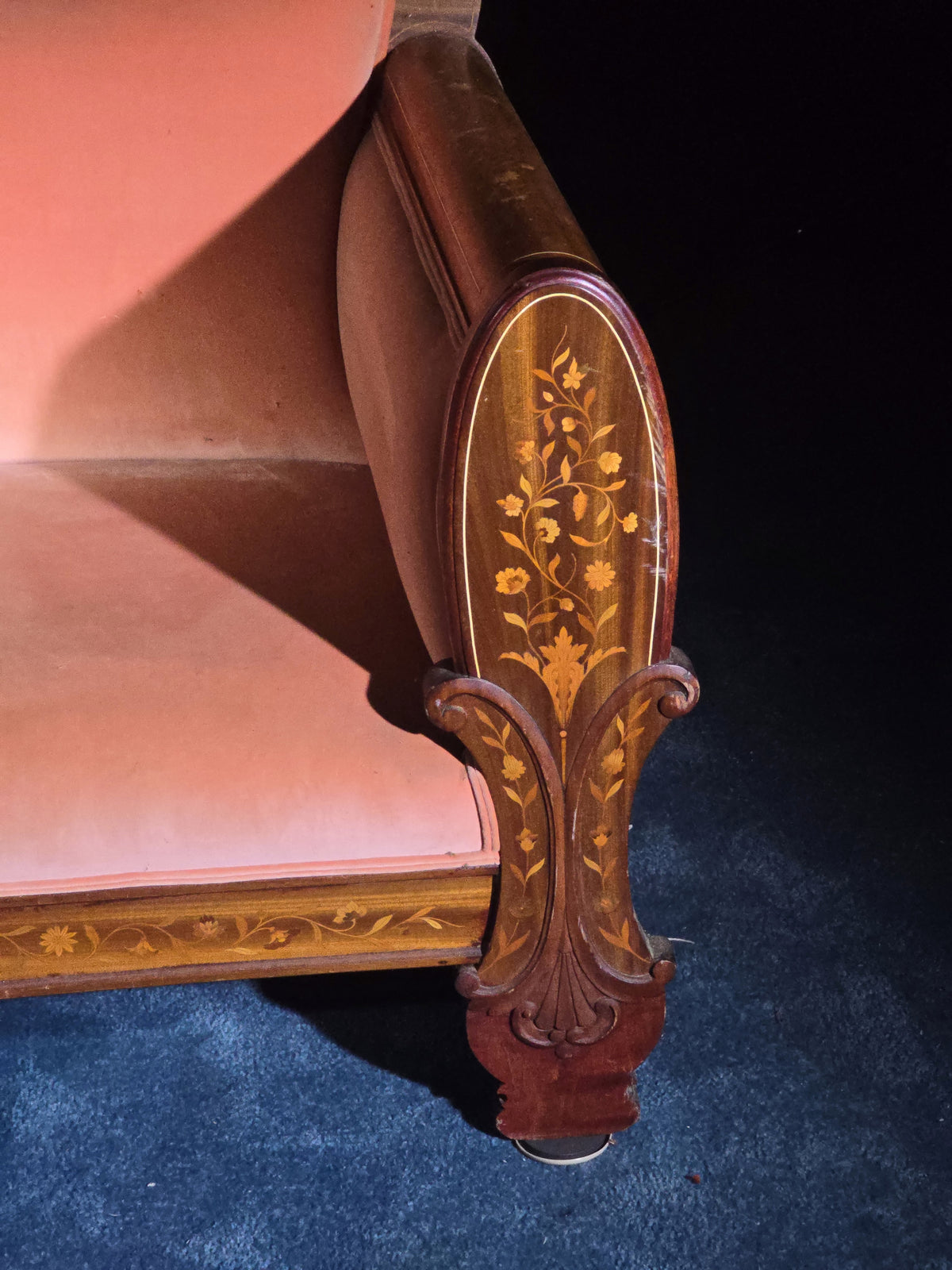 Antique Dutch Marquetry Inlaid Upholstered Settee