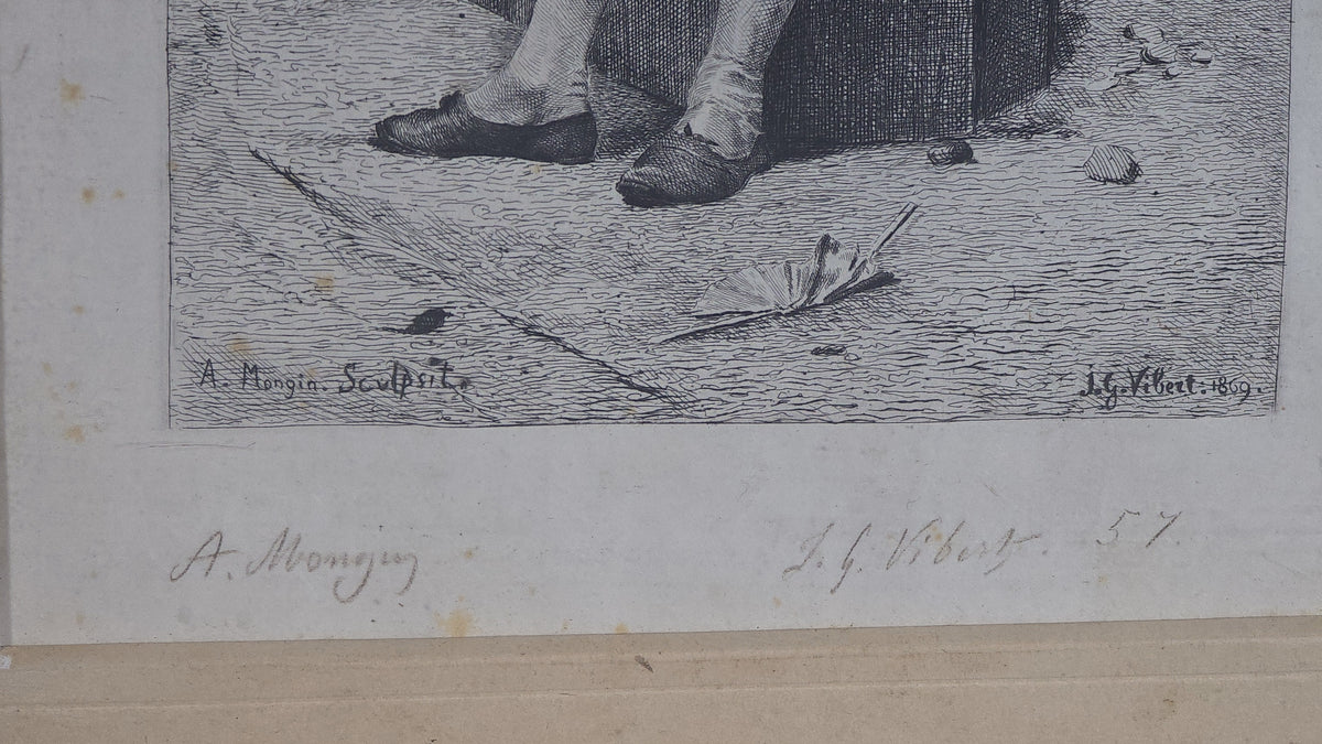 Antique Framed Engraving Print of a Matador, After J. G. Vibert, 1869, Engraved by A. Mongin, Pencil Signed