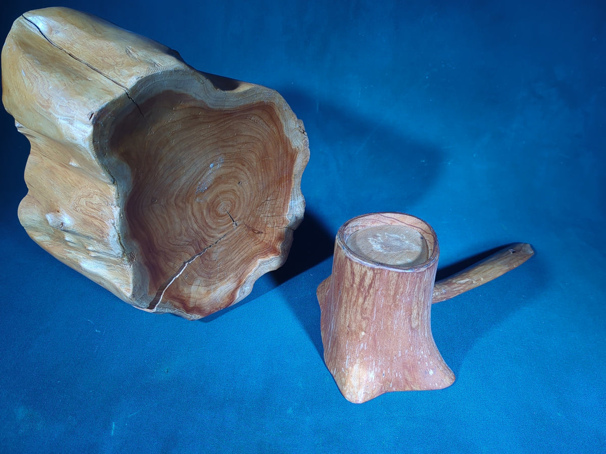 Pair of Vintage Hand-Carved Burl Wood Vessels, Basket with Handle and Ladle