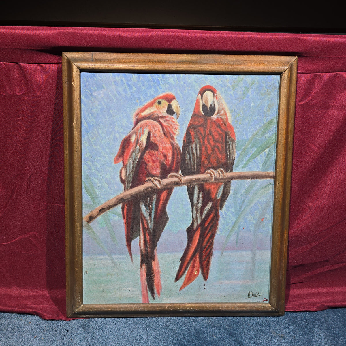 Vintage Oil Painting on Canvas, Two Scarlet Macaws on a Branch, Signed N. Gorid