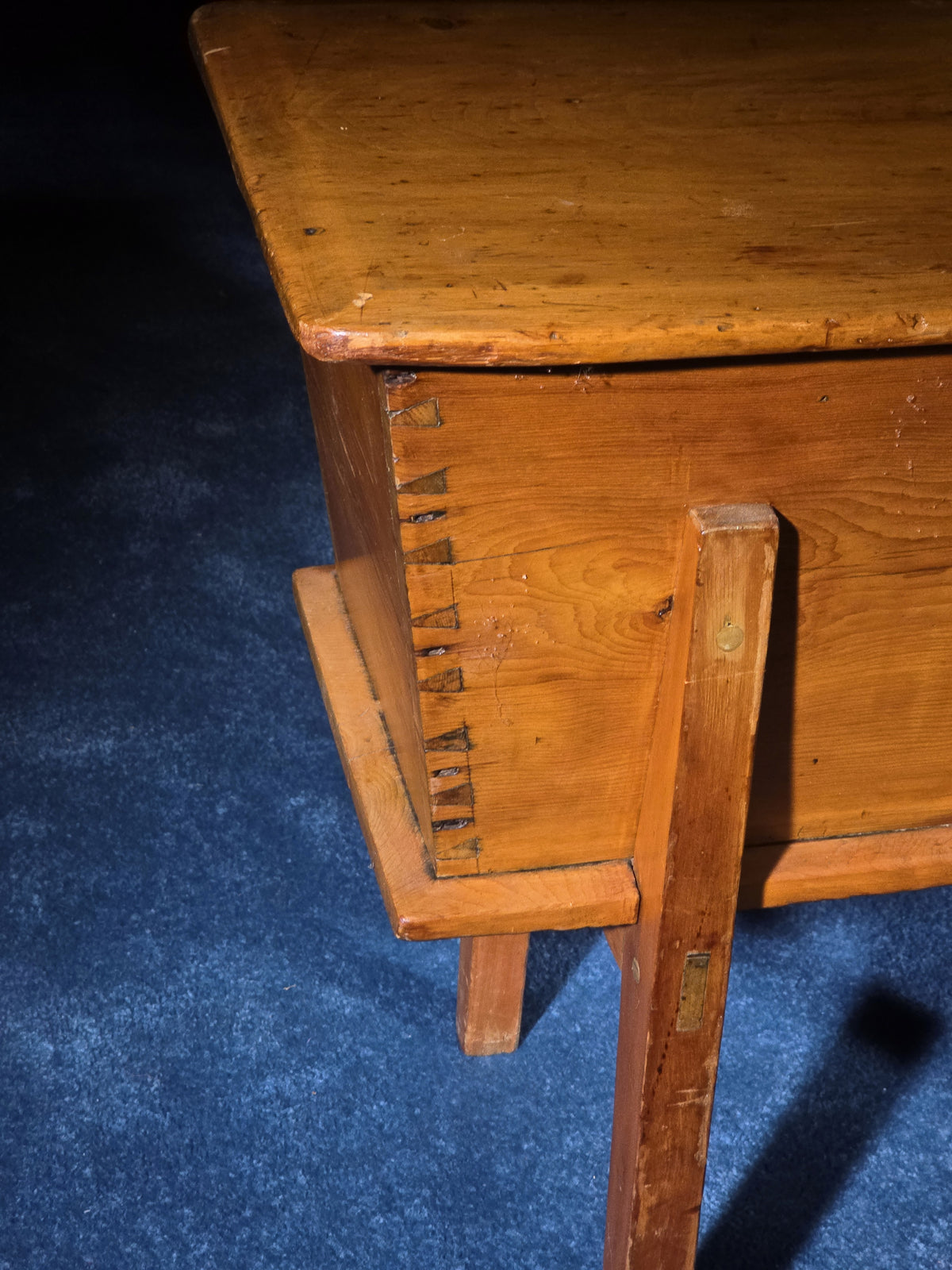 Antique Pine Dovetailed Dough Box on Stand with Iron Escutcheon