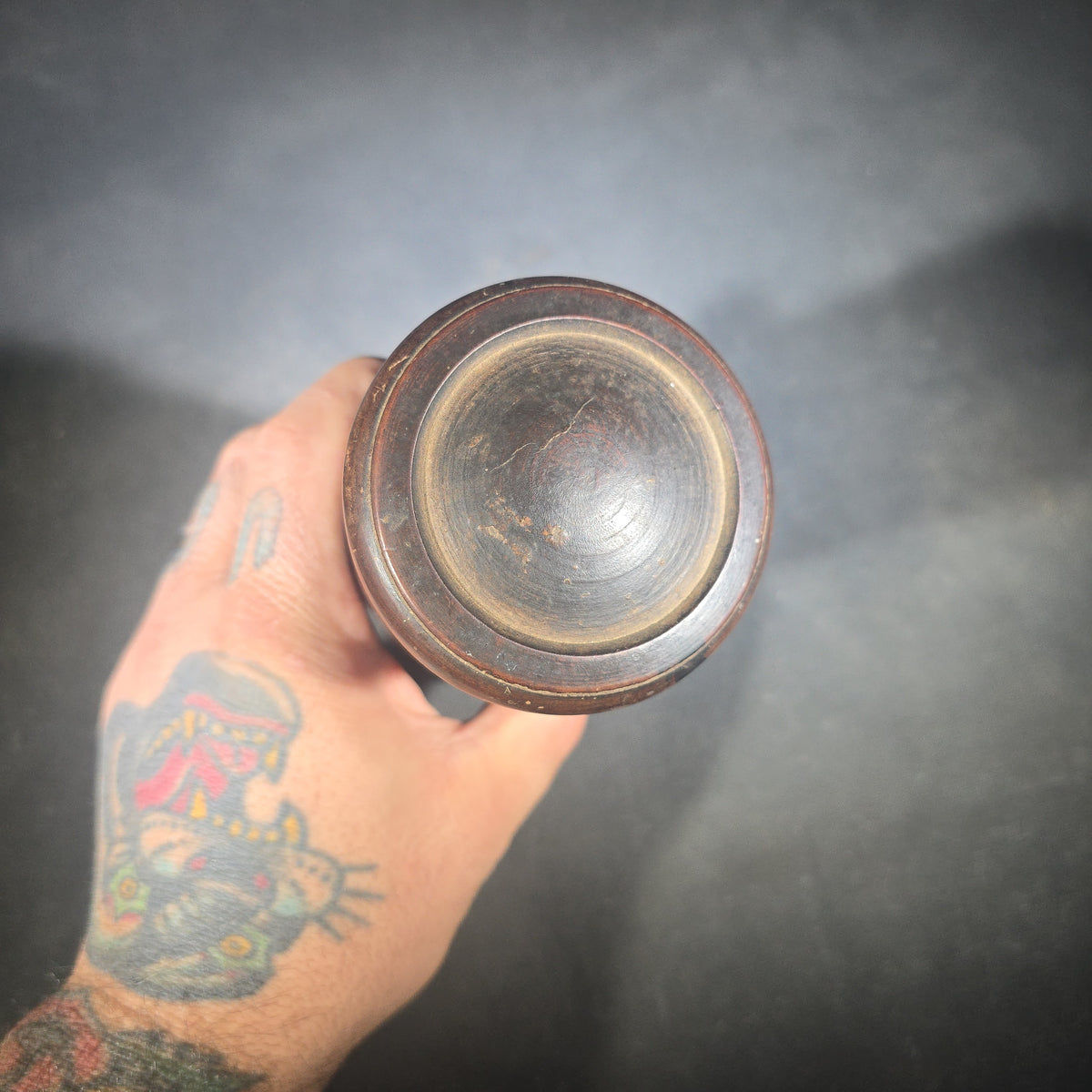 Antique Turned Wood Cylindrical Lidded Container with Incised Ring Decoration