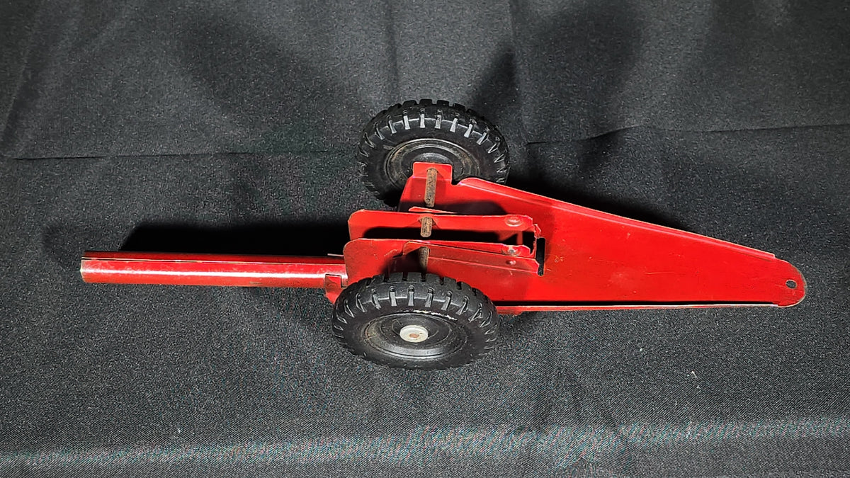 Vintage Pressed Steel Toy Artillery Cannon on Wheeled Carriage