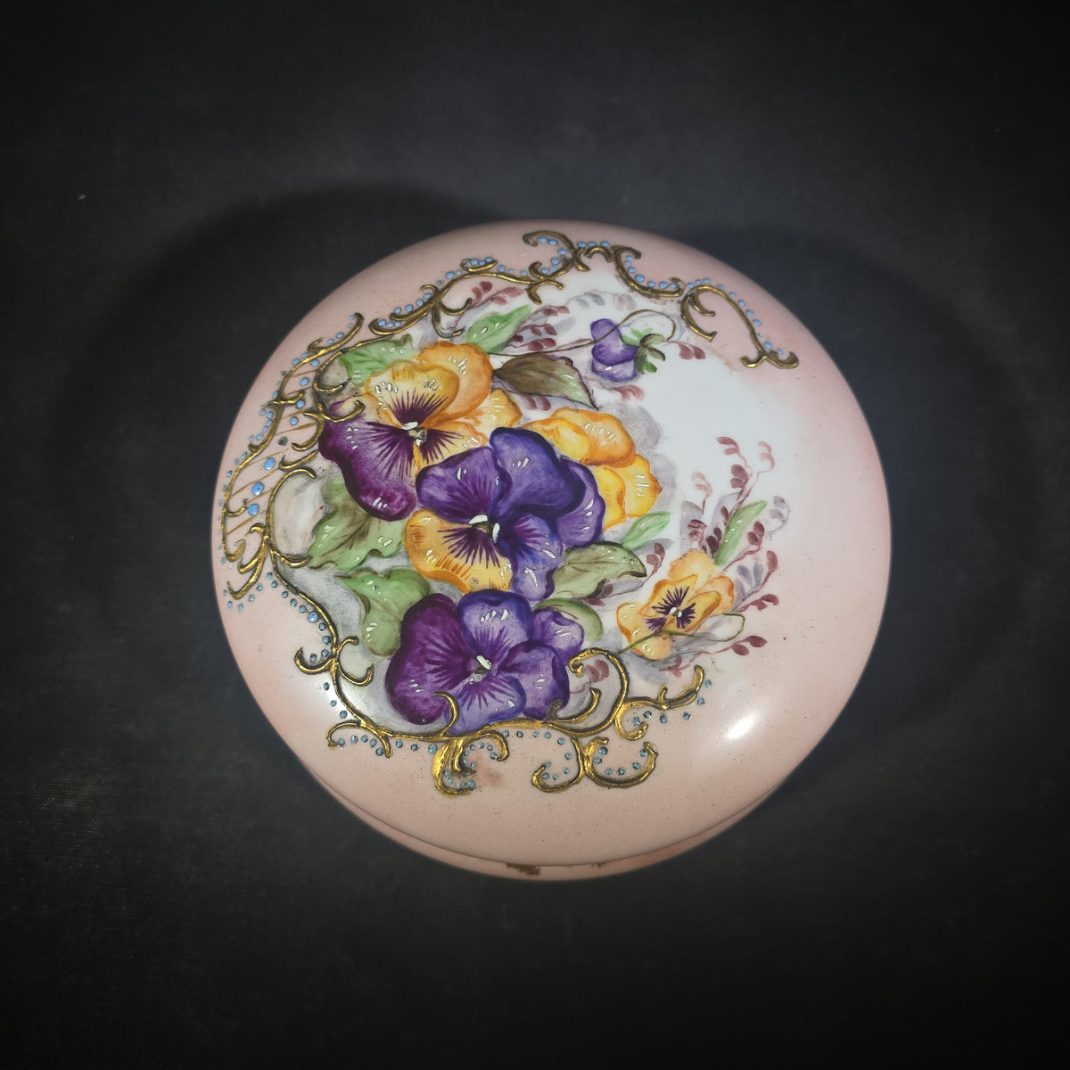 Antique Hand-Painted T&V France Porcelain Covered Dresser Box with Pansies and Gilt Scrollwork, Note Chip on Rim
