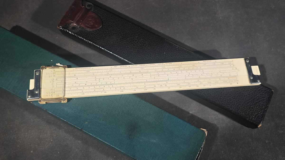 Vintage Keuffel & Esser 4083-3 Log Log Duplex Vector Slide Rule with Leather Case and Original Box, Note Damage and Loss on Slide