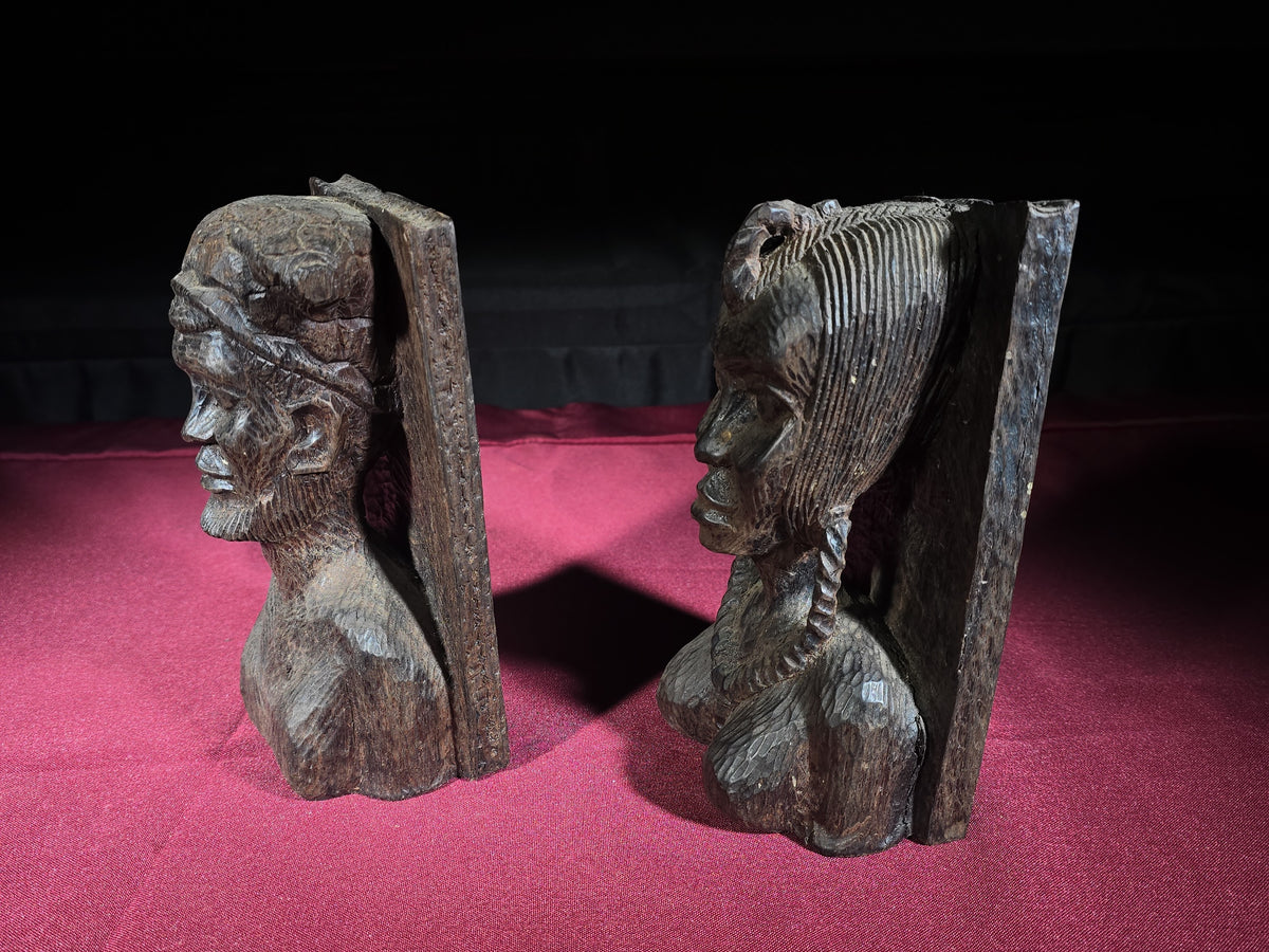 Pair of Vintage Hand-Carved African Bust Bookends