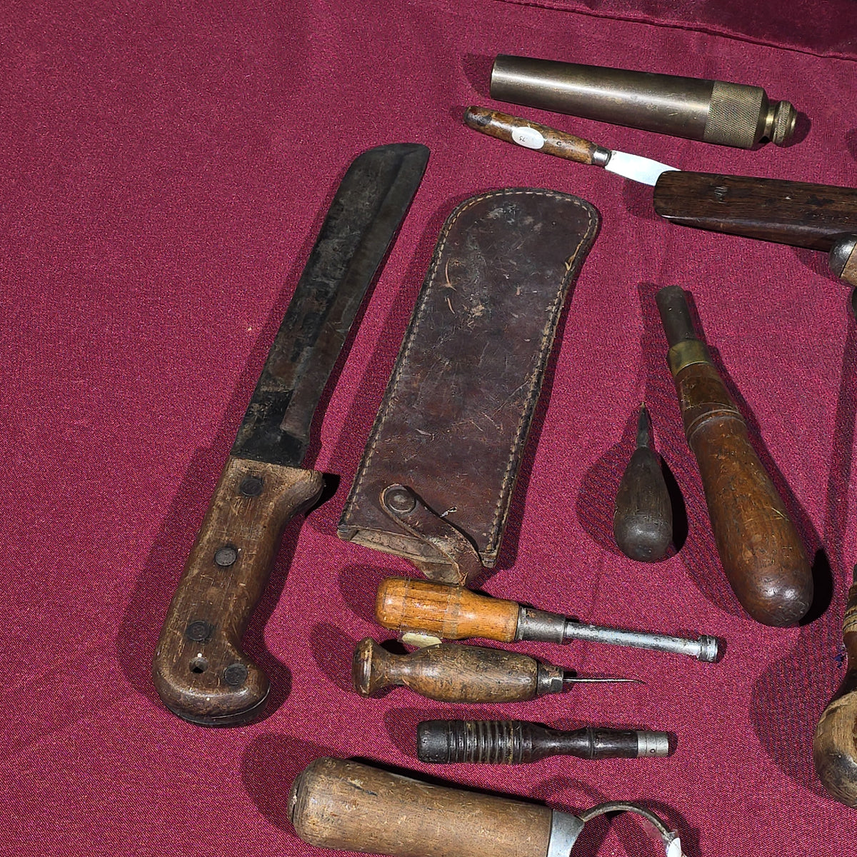 Grouping of Antique and Vintage Hand Tools including Case XX Knife with Leather Sheath, Chisels, Awls, Screwdrivers, Files, and Hammer Head
