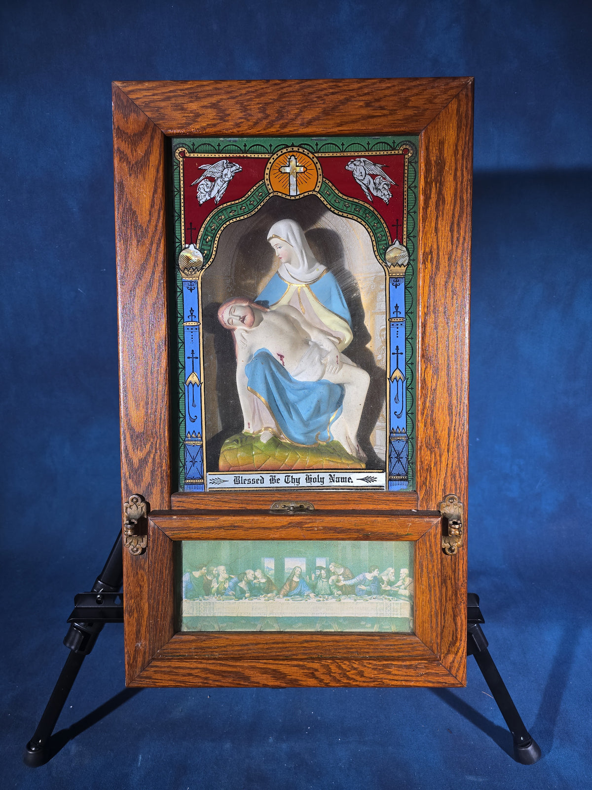 Antique Catholic Last Rites Wall Box with Pietà and Last Supper Imagery, with Contents