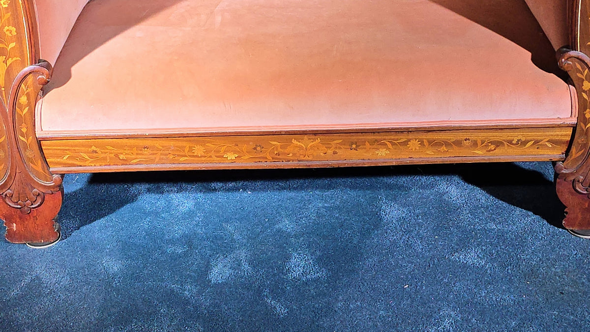 Antique Dutch Marquetry Inlaid Upholstered Settee