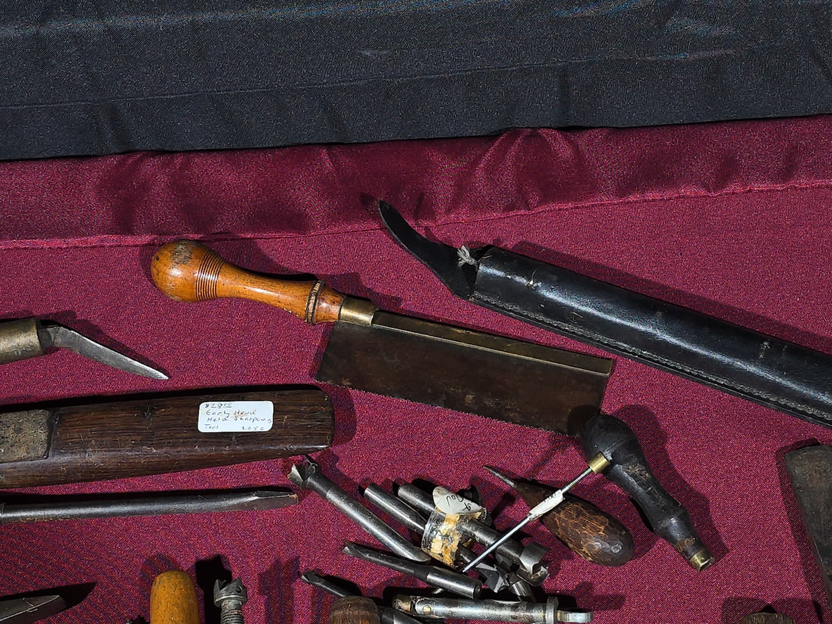 Grouping of Antique and Vintage Hand Tools including Case XX Knife with Leather Sheath, Chisels, Awls, Screwdrivers, Files, and Hammer Head