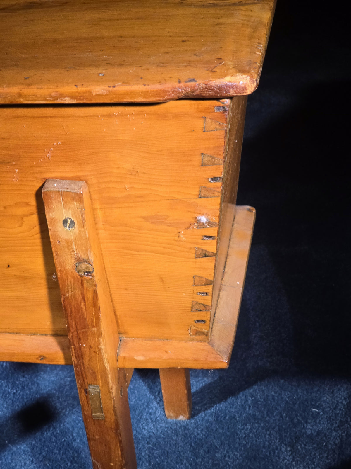 Antique Pine Dovetailed Dough Box on Stand with Iron Escutcheon