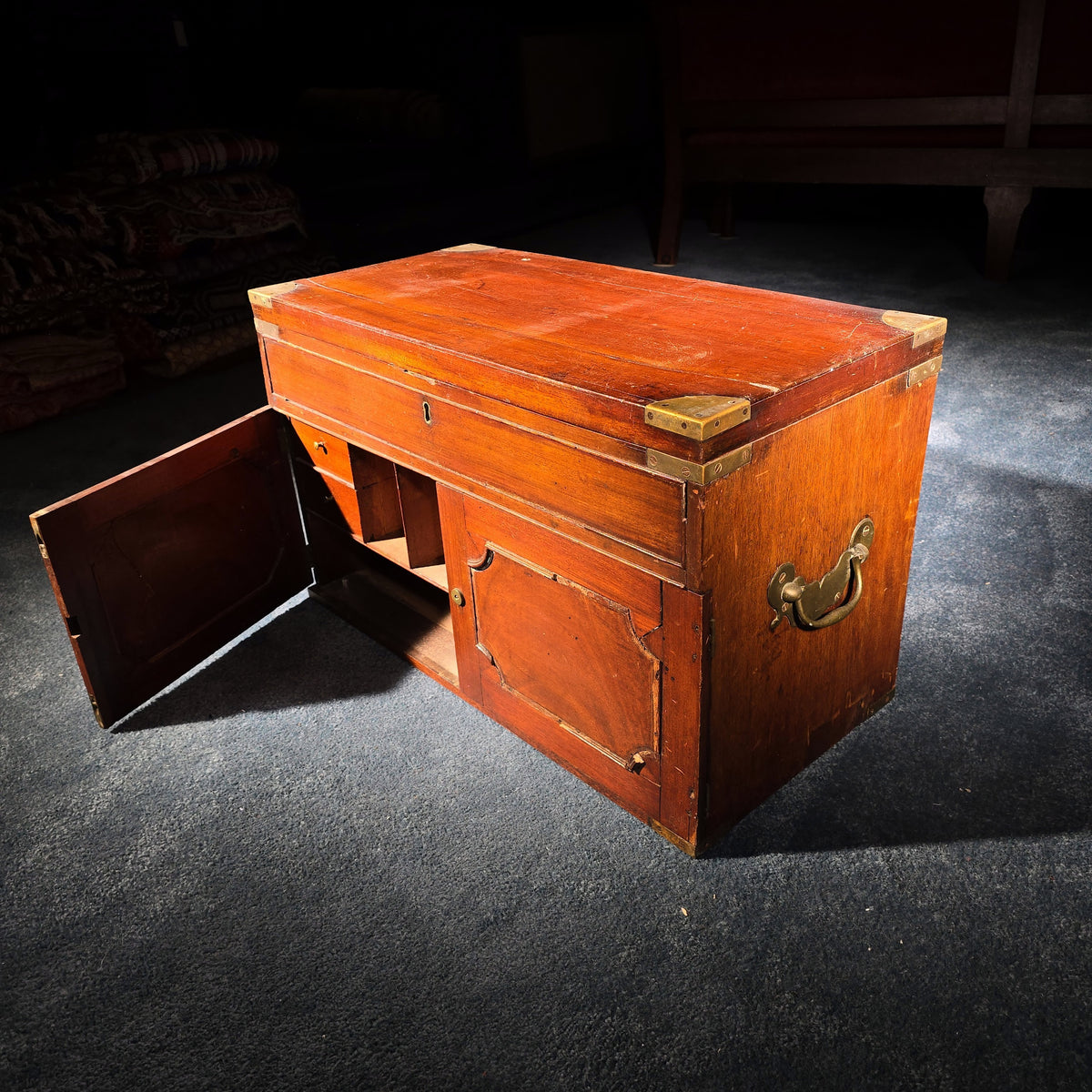 Antique Brass-Bound Campaign Chest with Fitted Interior