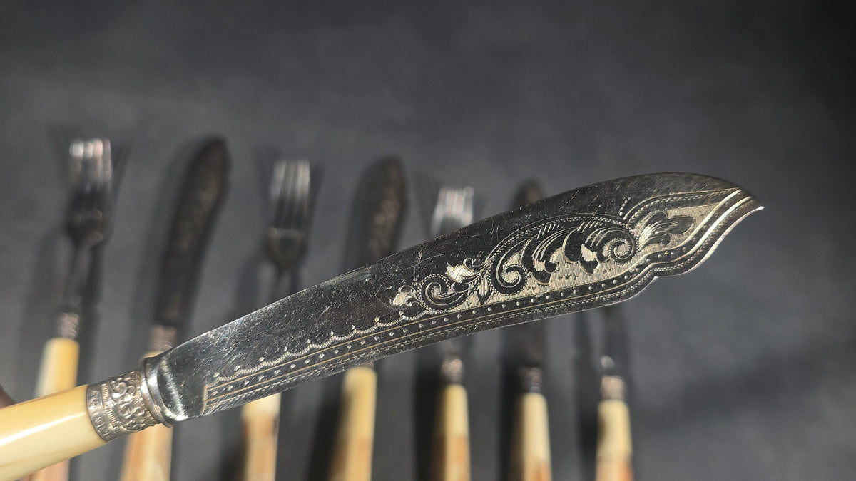 Grouping of Nine Antique Engraved Fish Knives and Forks with Carved Bone Handles Depicting Animals and Landscape Scenes, Marked J.H. Potter, Sheffield