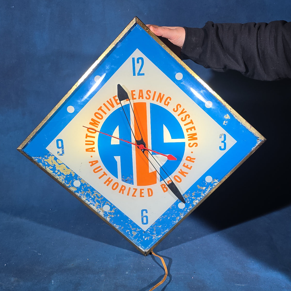 Vintage A.L.S. Automotive Leasing Systems Authorized Broker Illuminated Advertising Clock, Manufactured by Pam Clock Co. Inc., New Rochelle, New York