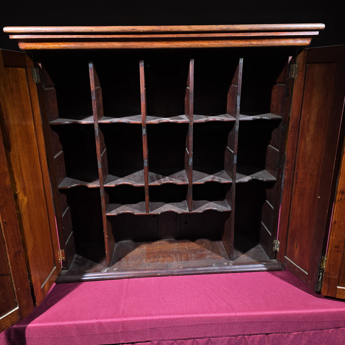 Antique Two-Door Wooden Cabinet with Interior Pigeonhole Compartments