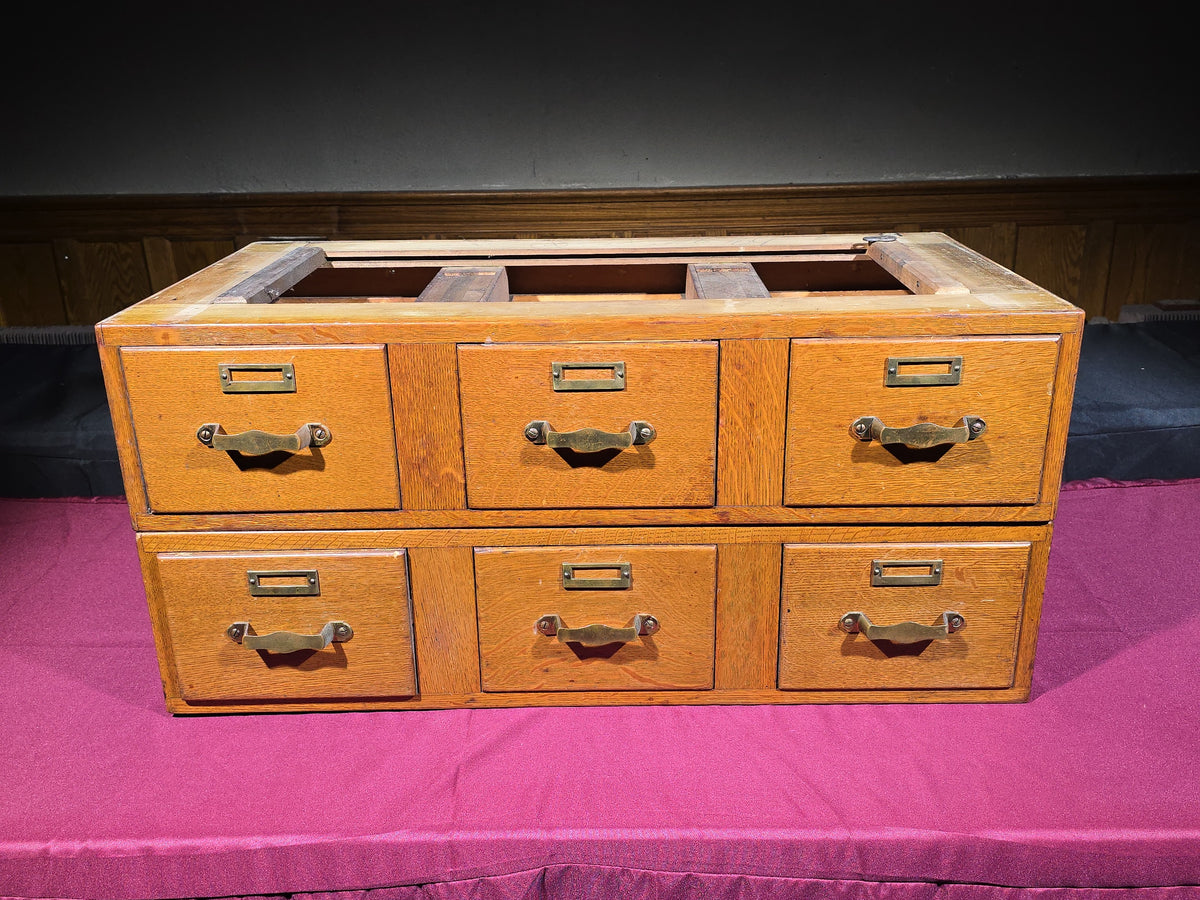 Pair of Antique Oak Three-Drawer Card Catalog Filing Cabinet Sections with Brass Hardware