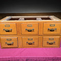 Lot 017 - Pair of Antique Oak Three-Drawer Card Catalog Filing Cabinet Sections with Brass Hardware, 33-1/8" L x 18" W x 15-1/2" H