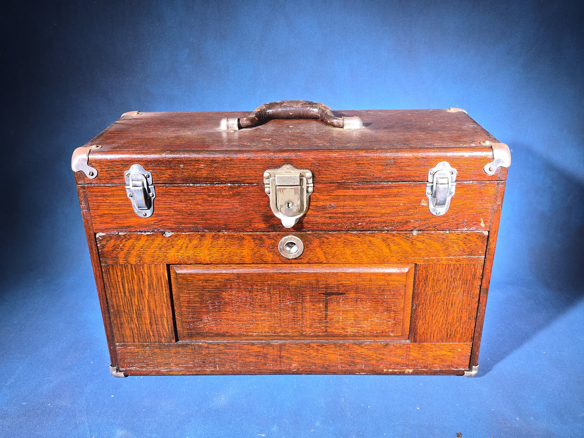 Antique Oak Machinist's Tool Chest, Manufactured by Union Steel Chest Corporation, LeRoy, New York