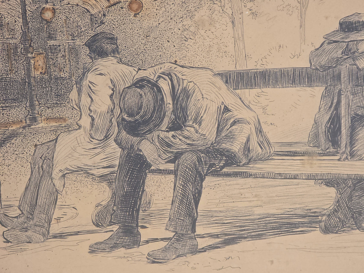 Antique Framed Ink Drawing of Three Men Sleeping on a Park Bench, Signed Victor Perard, Paris
