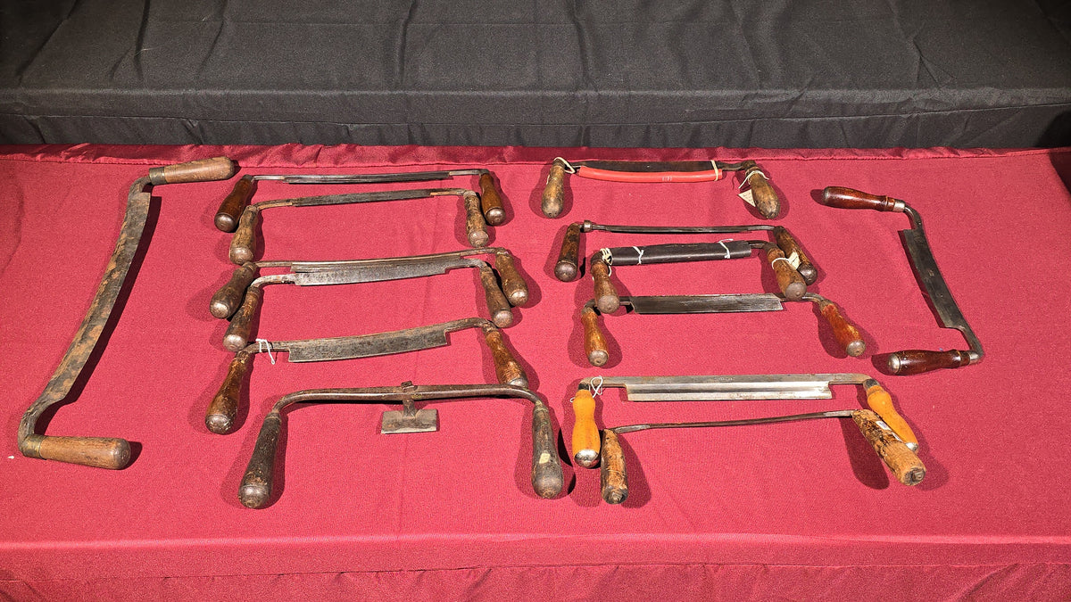Grouping of 14 Antique and Vintage Draw Knives including Pexto, C.J. Kimball Co., C. Keyes & E. Wilton Cast Steel, and Rockford Illinois U.S.A.