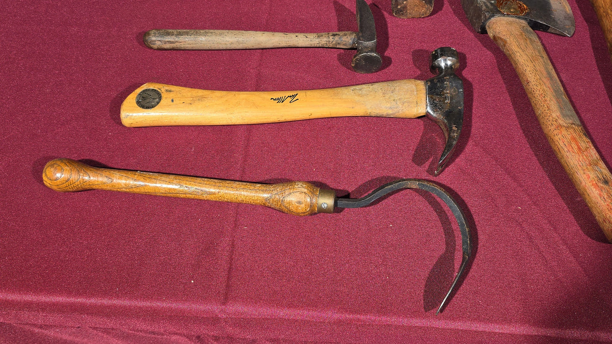 Grouping of 15 Antique and Vintage Hatchets and Hammers including Cooper's Adze, Brass Hammer, and Hammer by A. R. Robertson, Boston, Massachusetts
