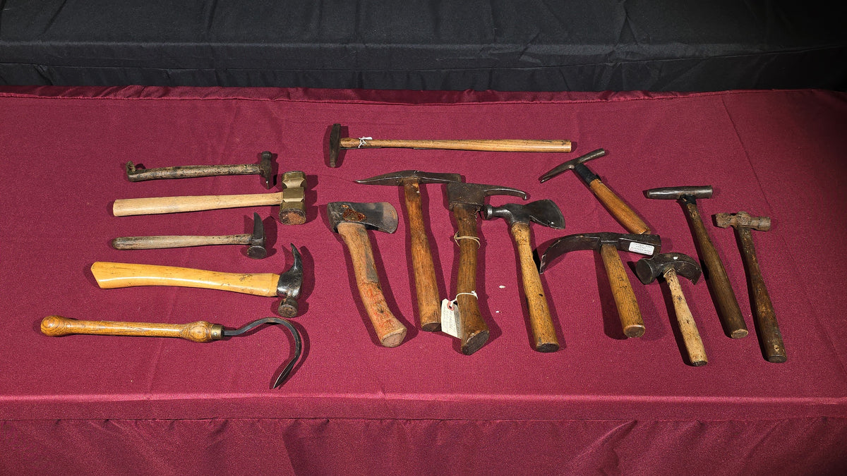 Grouping of 15 Antique and Vintage Hatchets and Hammers including Cooper's Adze, Brass Hammer, and Hammer by A. R. Robertson, Boston, Massachusetts