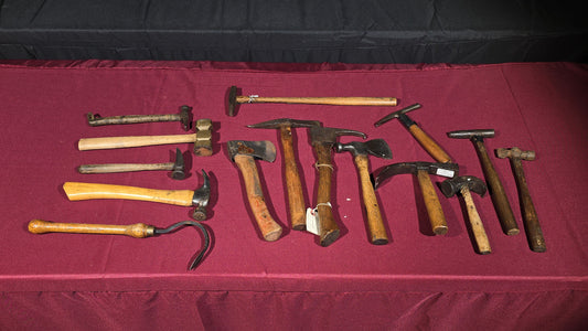 Grouping of 15 Antique and Vintage Hatchets and Hammers including Cooper's Adze, Brass Hammer, and Hammer by A. R. Robertson, Boston, Massachusetts