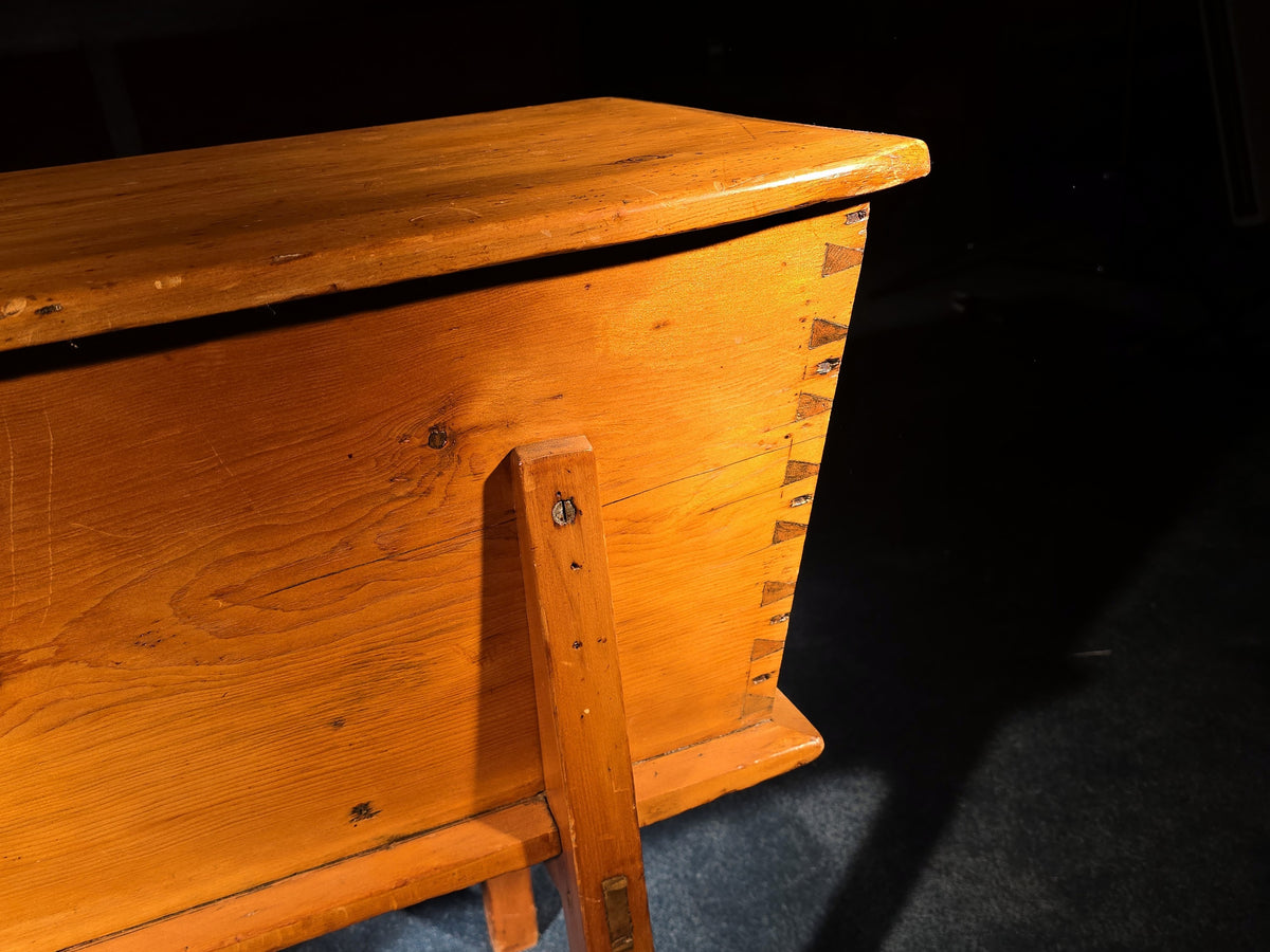 Antique Pine Dovetailed Dough Box on Stand with Iron Escutcheon
