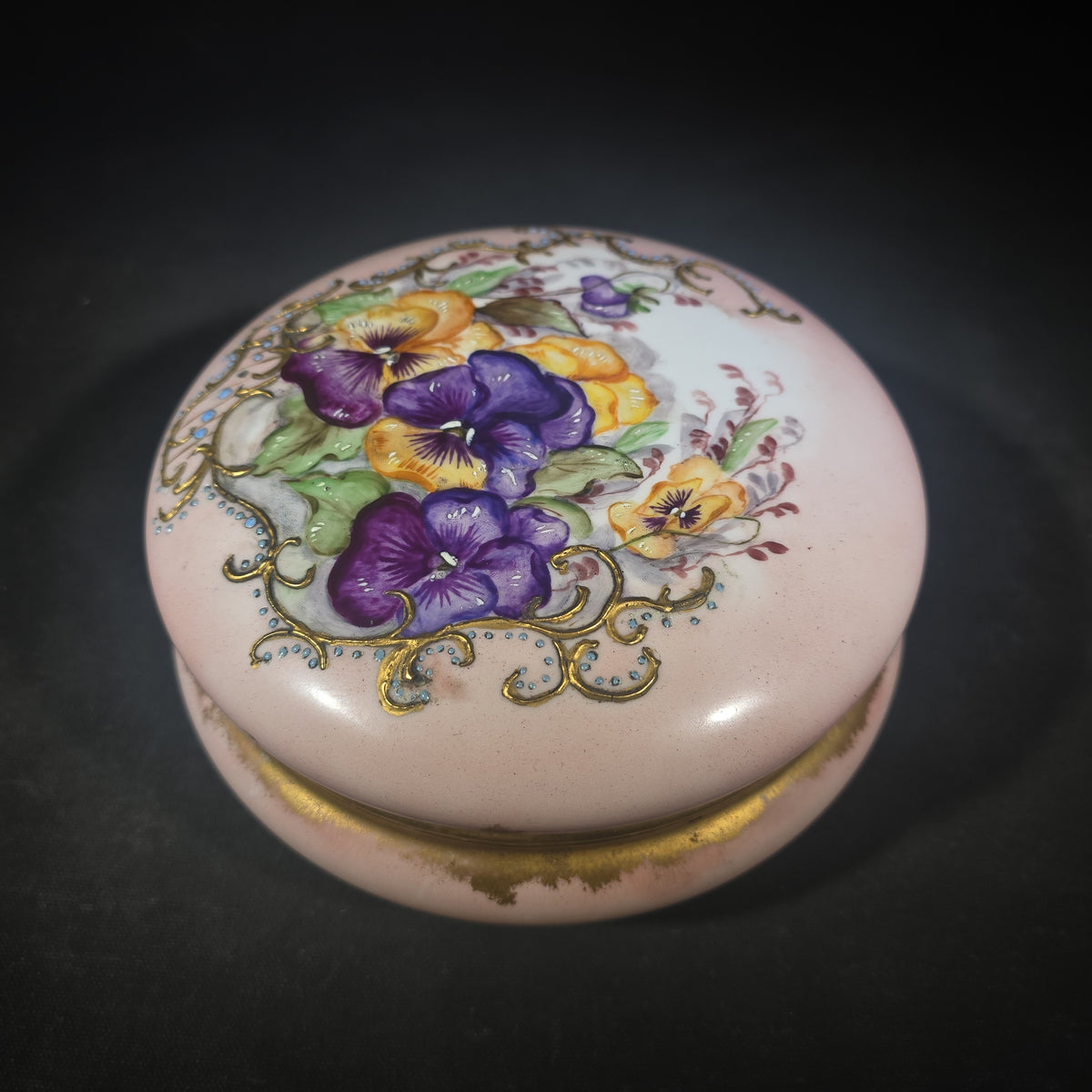 Antique Hand-Painted T&V France Porcelain Covered Dresser Box with Pansies and Gilt Scrollwork, Note Chip on Rim