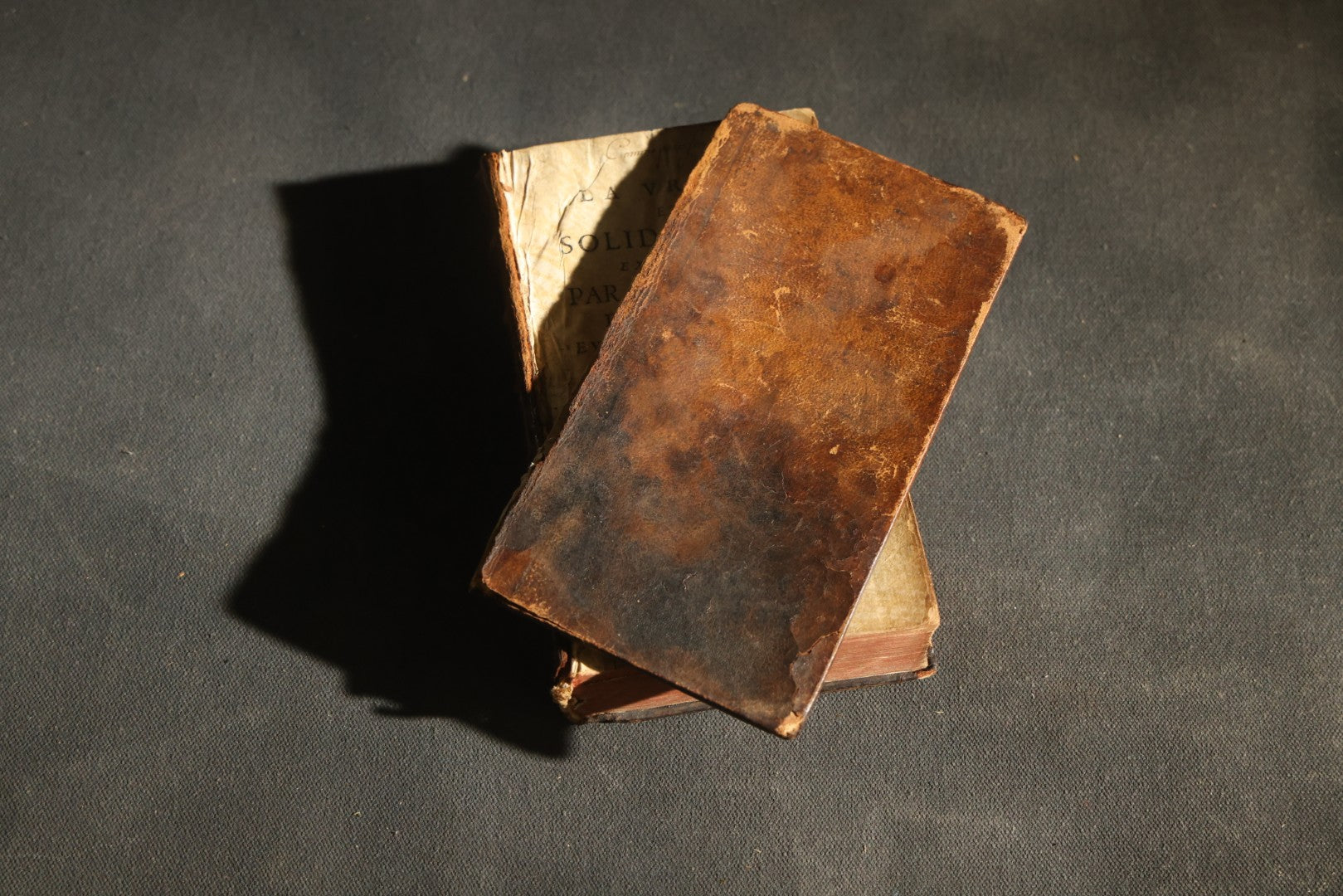 Antique French-Language Leather-Bound Book Safe with Marbled Paper-Lined Hidden Compartment, Dedicated "A La Reine" ("To the Queen"), Note Cover Detached