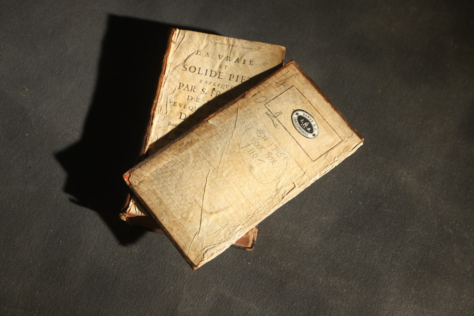 Antique French-Language Leather-Bound Book Safe with Marbled Paper-Lined Hidden Compartment, Dedicated "A La Reine" ("To the Queen"), Note Cover Detached