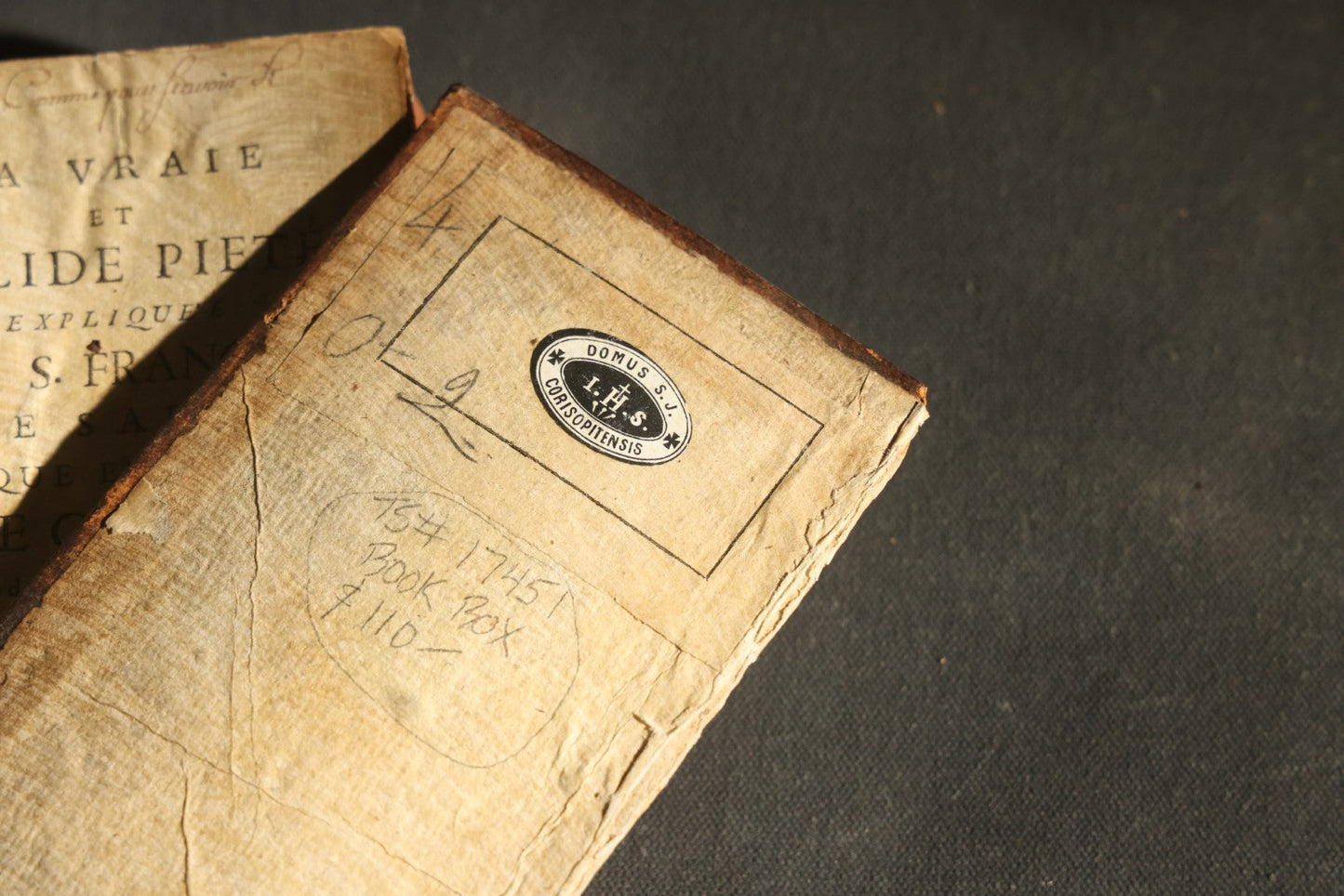 Antique French-Language Leather-Bound Book Safe with Marbled Paper-Lined Hidden Compartment, Dedicated "A La Reine" ("To the Queen"), Note Cover Detached