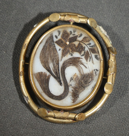 Antique Victorian Prince of Wales Style Spinner Brooch with Hair Work Floral Palette and Tintype Photograph Portrait of a Man