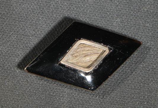 Antique Victorian Hair Work Mourning Brooch, Diamond-Shaped Black Enamel with Hair Under Glass, Engraved "in Memory of My Beloved Father 26th Septr 1888"