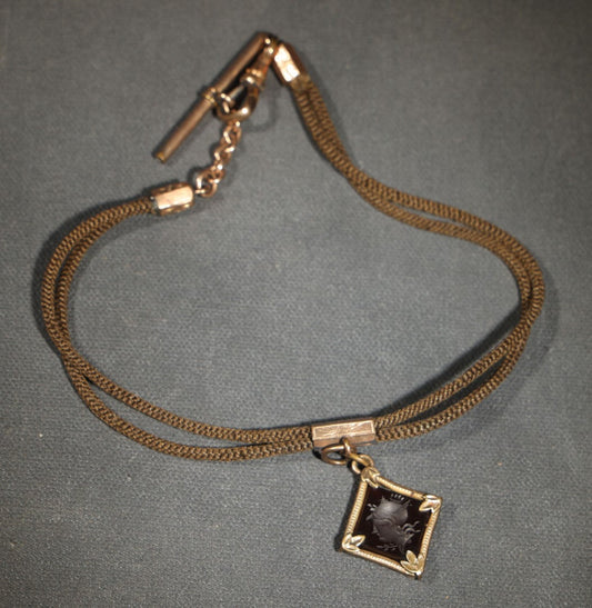 Antique Victorian Woven Hair Watch Chain with Gold-Tone Fittings, Engraved Slider, and Diamond-Shaped Carved Carnelian Intaglio Fob Depicting Hermes / Mercury in Profile