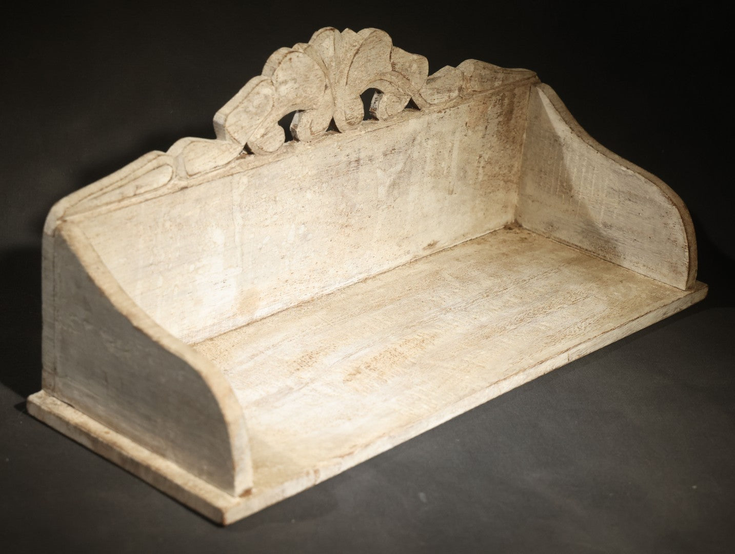 Vintage White-Painted Wooden Wall Shelf with Carved Scrollwork Crest