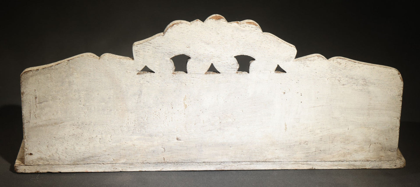 Vintage White-Painted Wooden Wall Shelf with Carved Scrollwork Crest
