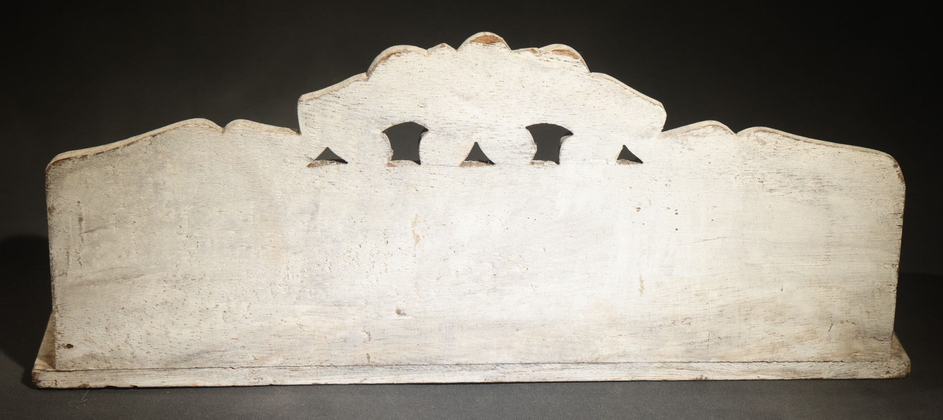 Vintage White-Painted Wooden Wall Shelf with Carved Scrollwork Crest