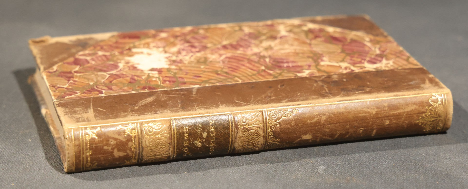 "Poems of Shelley" Antique Illustrated Book by Percy Bysshe Shelley, Half-Leather Binding with Marbled Boards, Title Page Absent