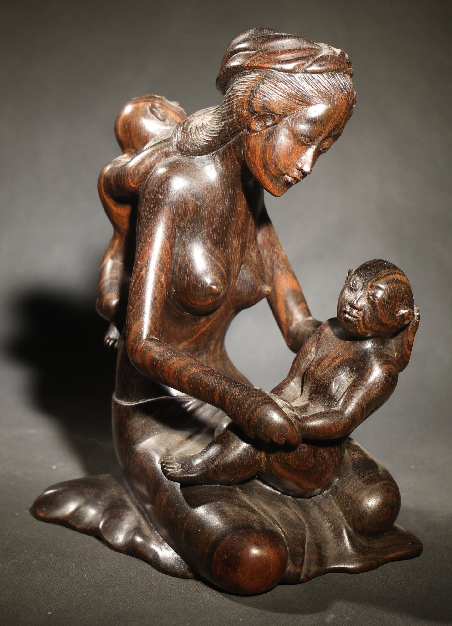 Vintage Carved Hardwood Figure of a Seated Mother with Two Children, Balinese Style