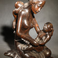 Lot 053 - Vintage Carved Hardwood Figure of a Seated Mother with Two Children, Balinese Style, 7-3/4" H
