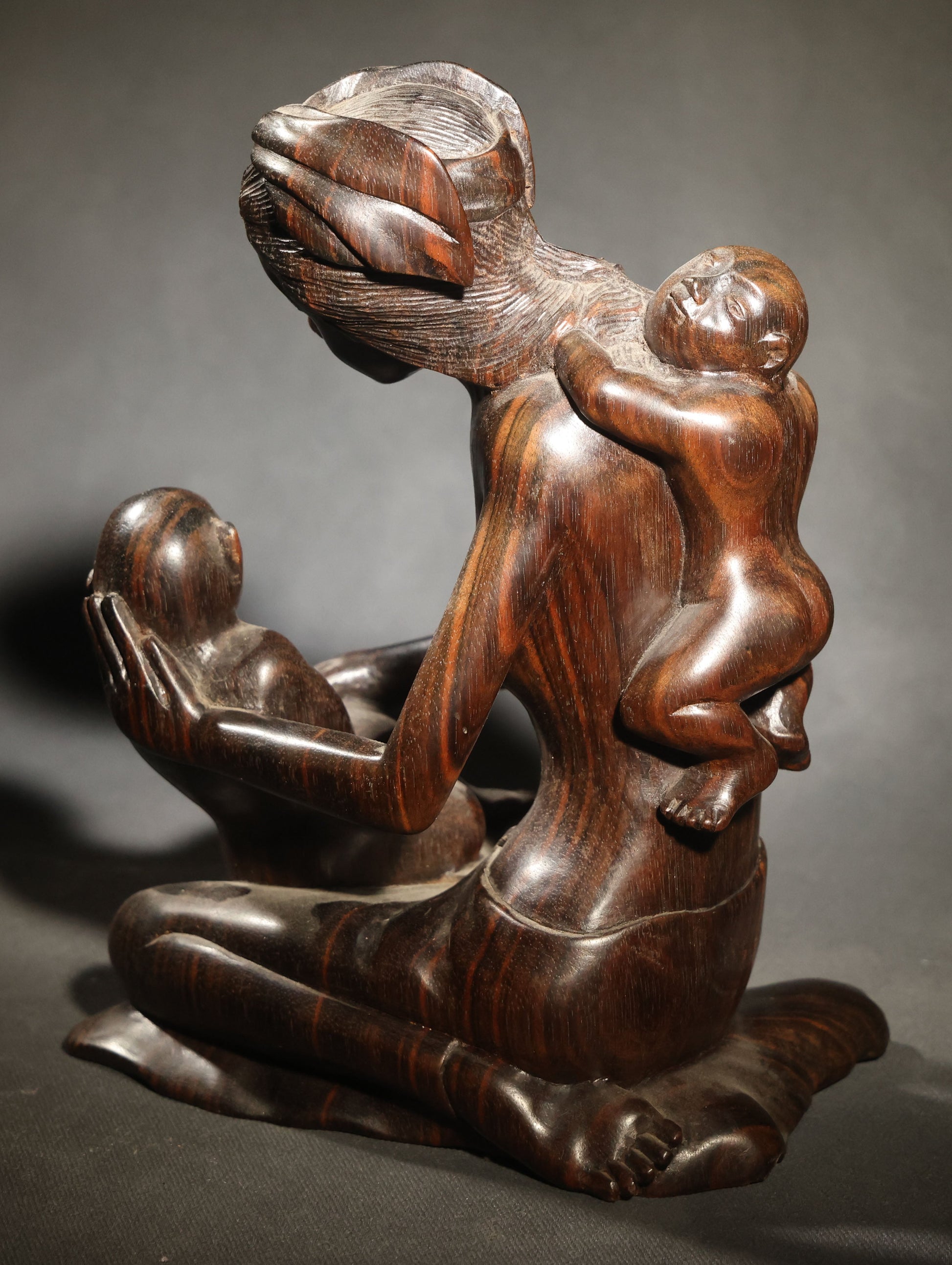 Vintage Carved Hardwood Figure of a Seated Mother with Two Children, Balinese Style