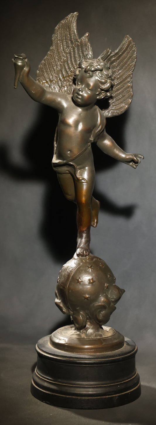Vintage Bronzed Sculpture of Cupid Standing on a Star-Decorated Globe, in the Style of Auguste Moreau, Note Repaired Wing