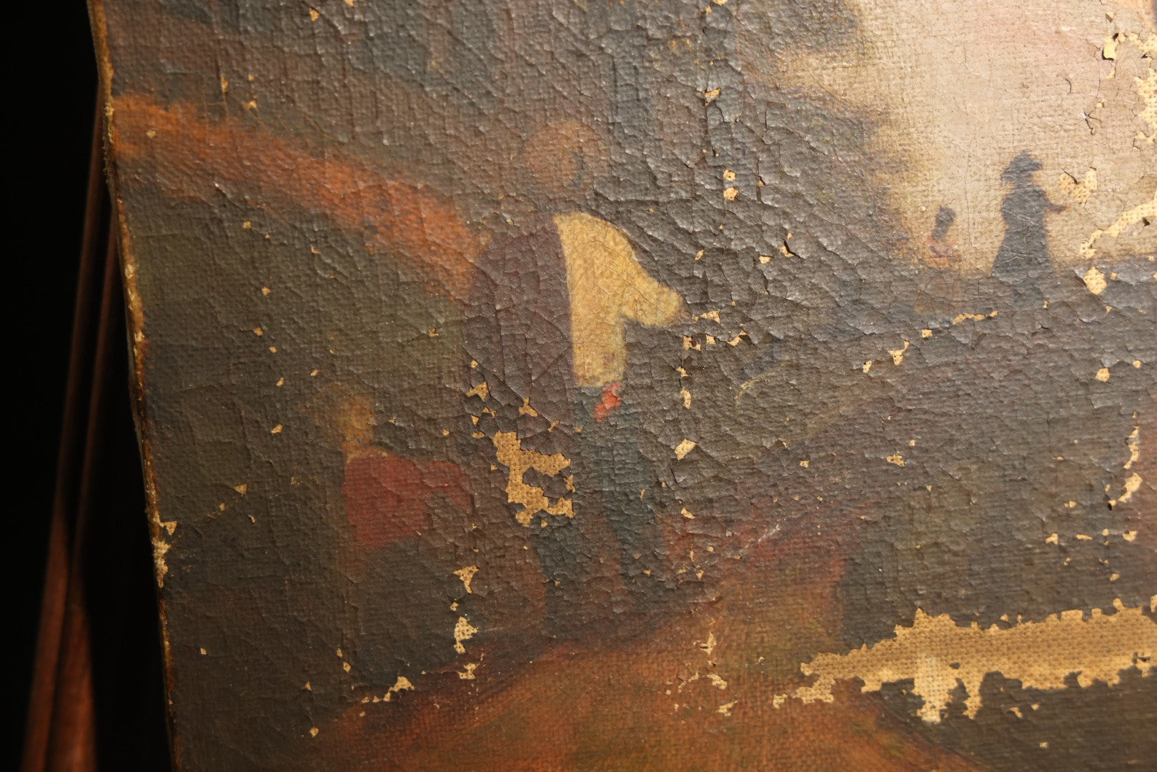 Antique Oil Painting on Canvas, Landscape with Dead Tree, Figures on a Path, and Distant Mountains, Unframed