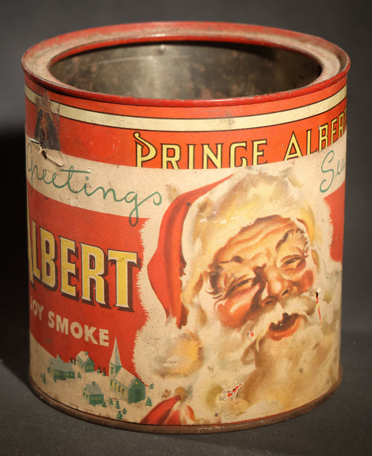 Vintage Prince Albert "the National Joy Smoke" Christmas Tobacco Tin with Santa Claus, Snowy Village, Holly, and "Season's Greetings" Gift Tag, Paper Label Over Tin, no Lid