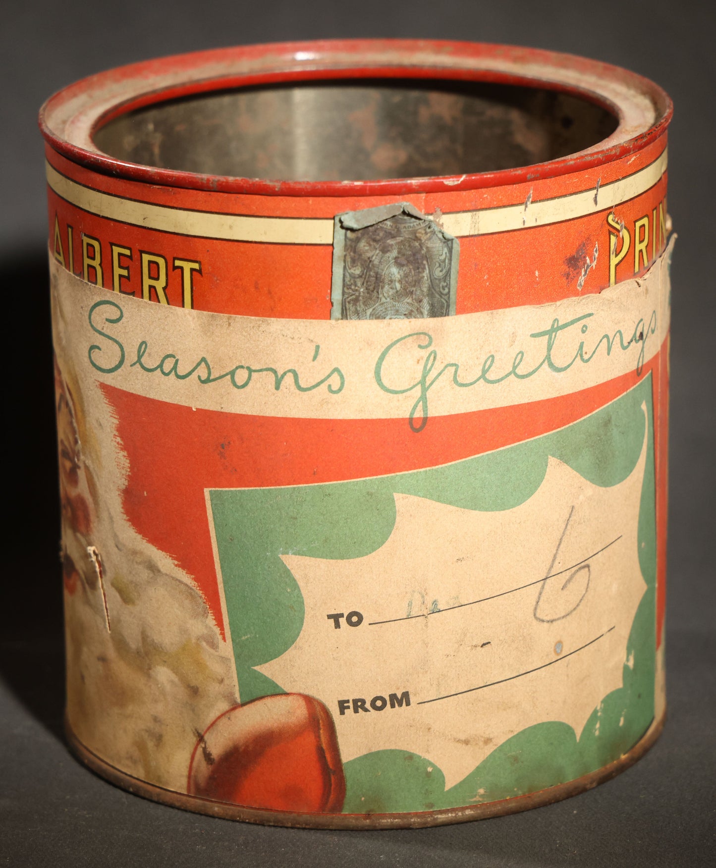 Vintage Prince Albert "the National Joy Smoke" Christmas Tobacco Tin with Santa Claus, Snowy Village, Holly, and "Season's Greetings" Gift Tag, Paper Label Over Tin, no Lid