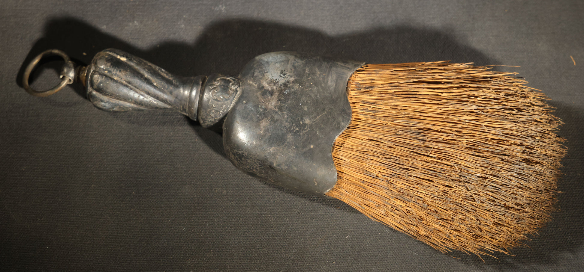 Antique Silver-Plated Whisk Brush with Engraved Scroll Design, Monogrammed E.C.M.