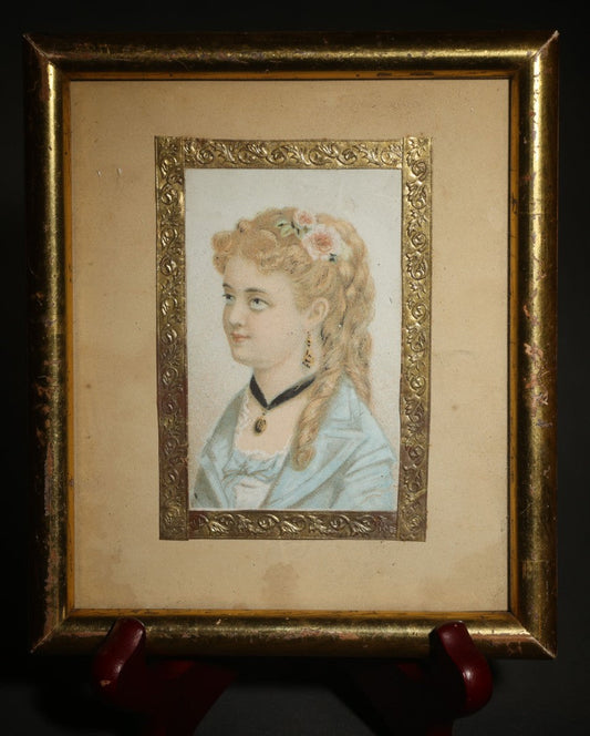 Antique Small Framed Chromolithograph Print, Portrait of a Young Woman in a Blue Dress with Flowers in Her Hair, Black Choker Necklace, and Drop Earrings